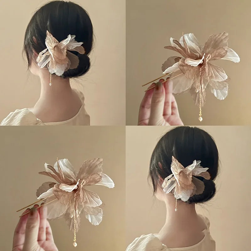 Chinese Floral Hairpin with Tassels Modern Hanfu Style Hair Stick Stylish Brida