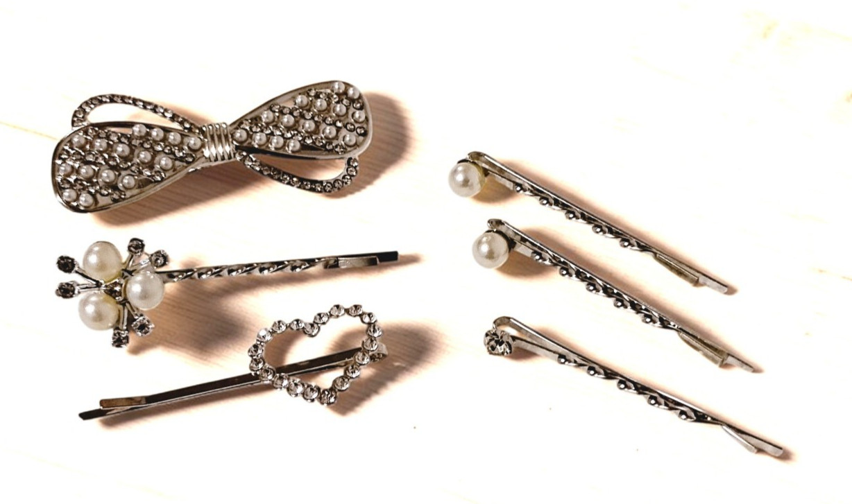 6 Pc Elegant Stylish Rhinestones & Pearls Silver Hair Accessories Bobby Pins