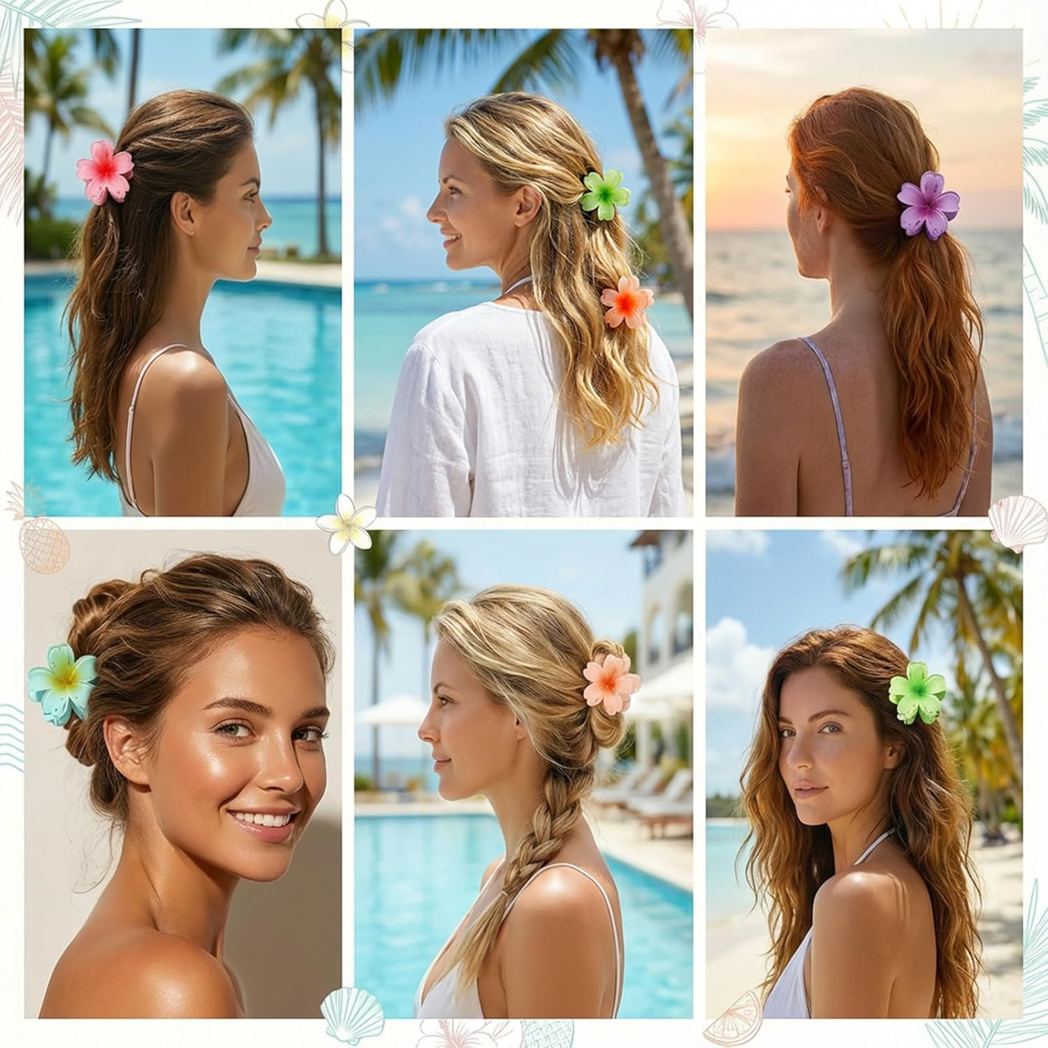 Hawaiian Flower Hair Claw Clips – 6 Pcs for All Hair Types, Strong Hold