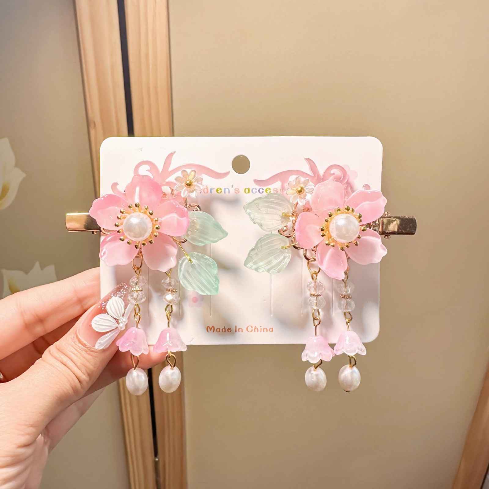 Vintage Pink Flower Hair Clips – 2Pcs Sakura Alligator Hair Clips Tassel Pearl H
