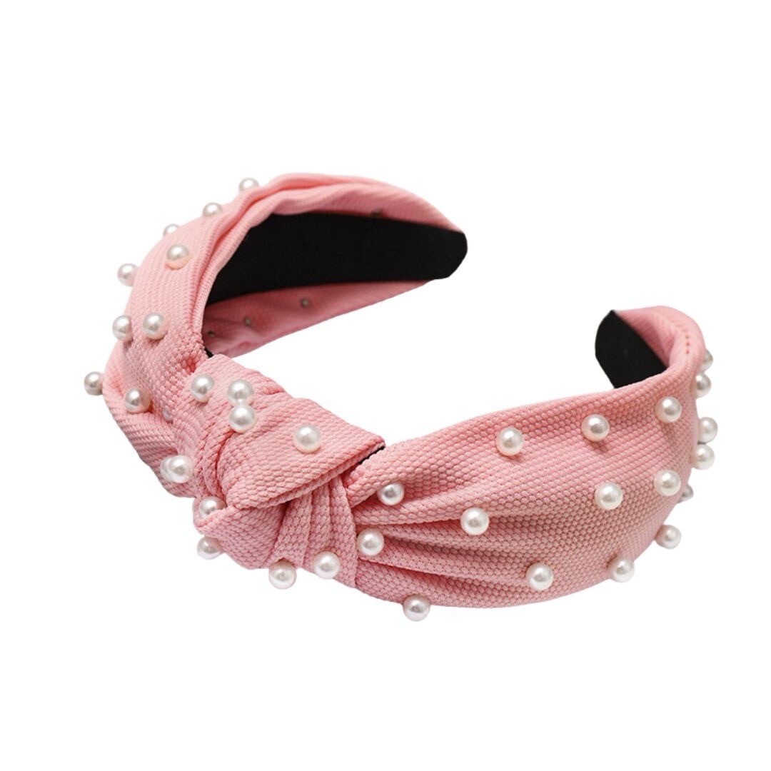 Pink Beaded Pearls Knot Headband