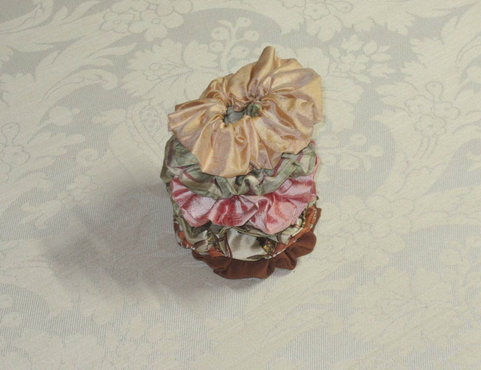 Handmade Boho Multicolor Silk Scarf Scrunchie Lot 7pc Green Pink Brown
