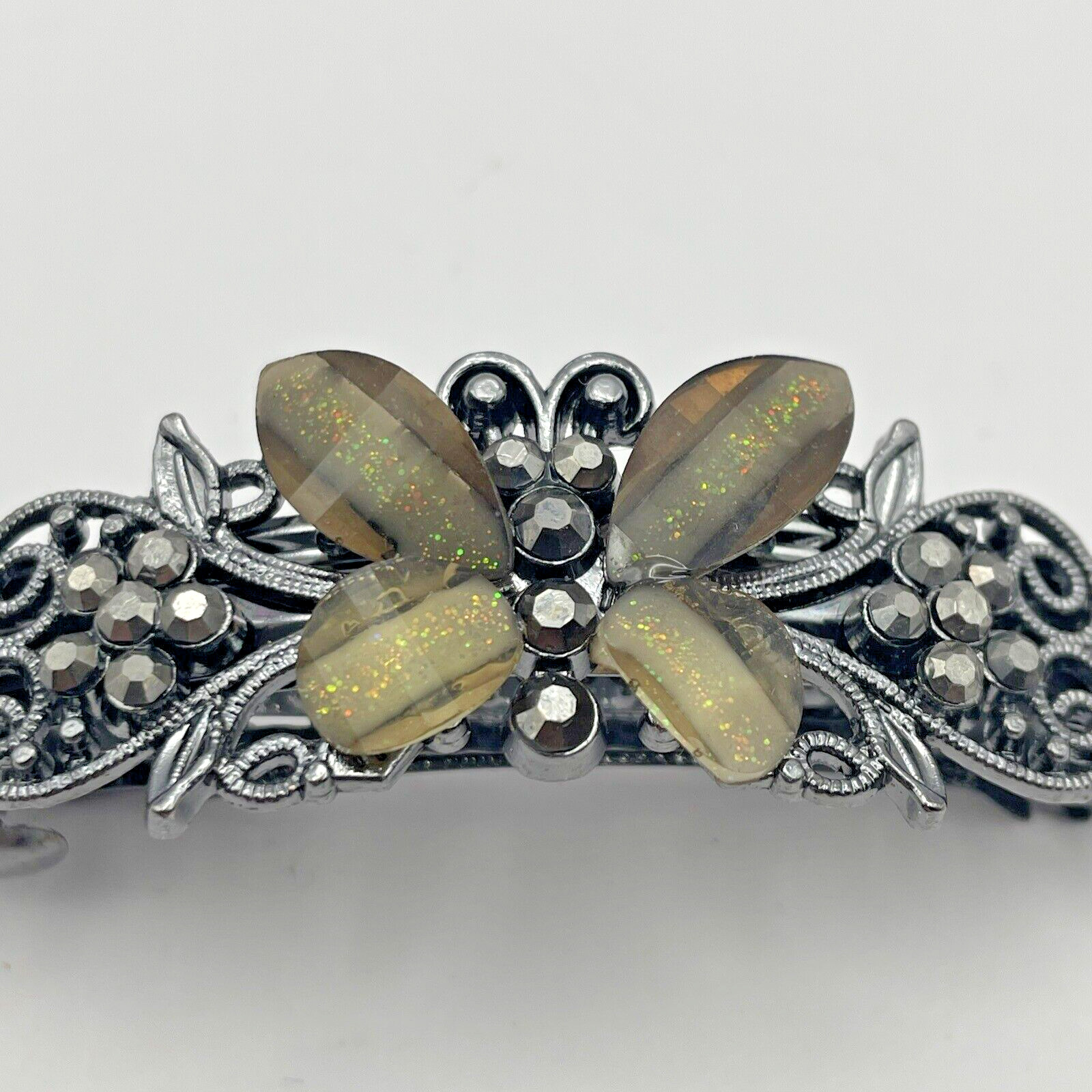 Butterfly Hair Barrette Gun Metal Silver/Black Floral Swirls 3 1/2 inches