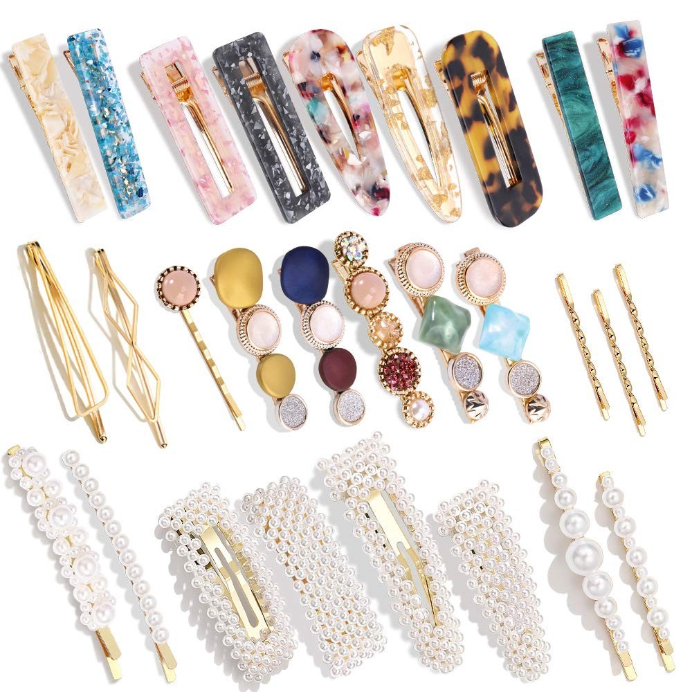 28PCS Pearl Marble Hair Clips Gold Alligator Barrettes Set
