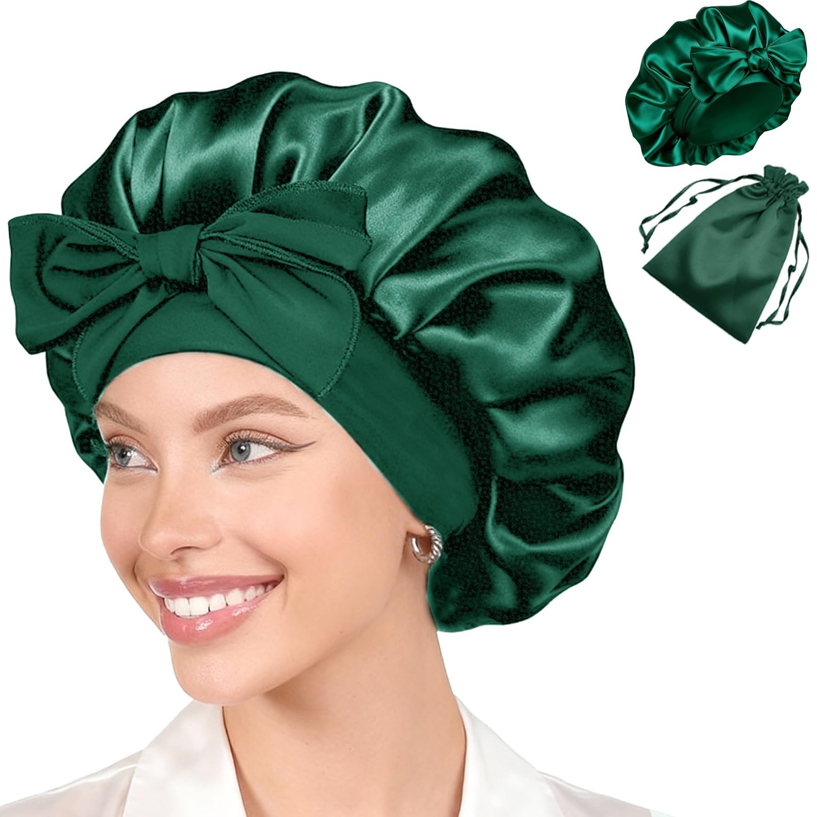 2Pcs Satin Bonnet Silk Bonnets Womens Hair For One Size, Evergreen