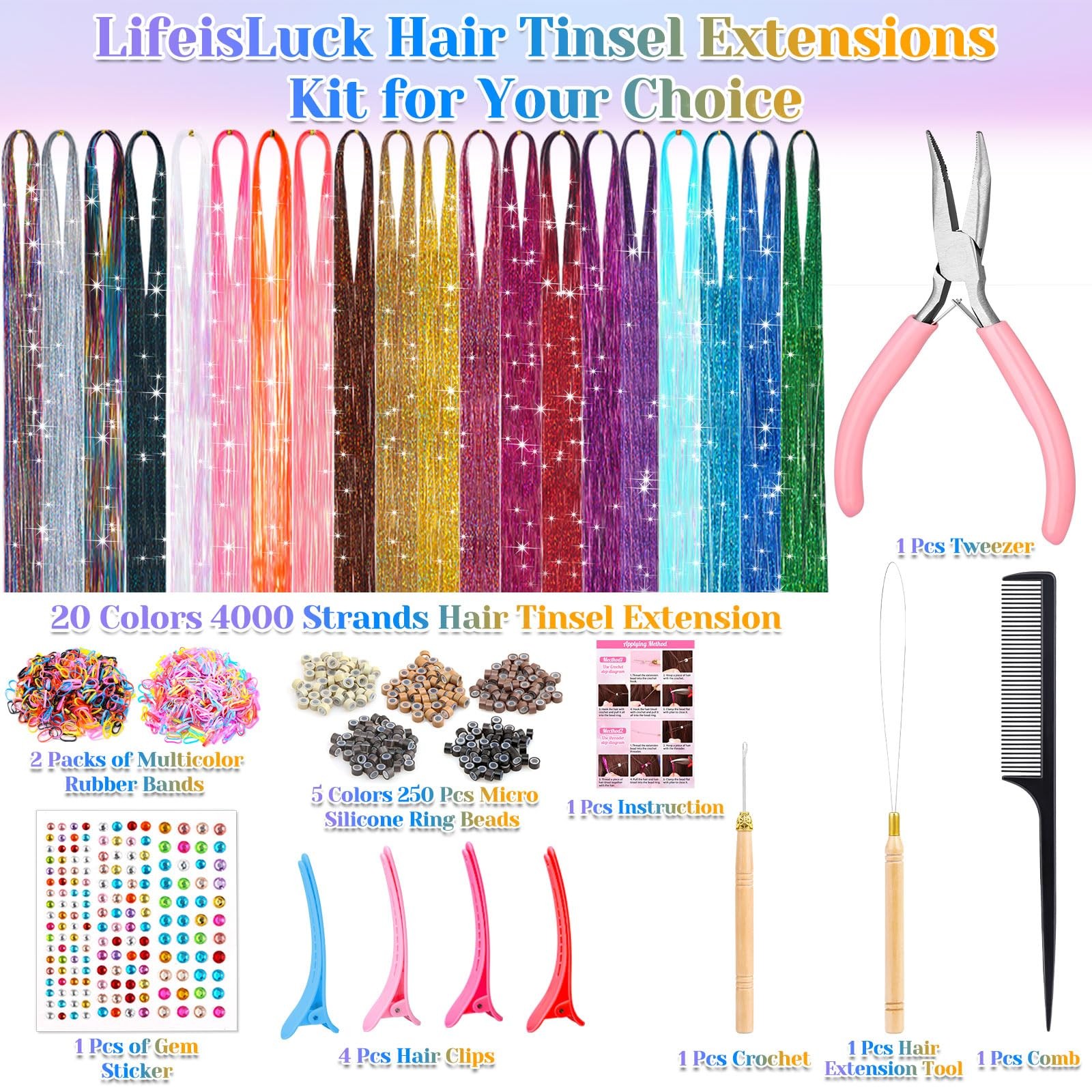 Extensiones de cabello con purpurina, resistentes al calor y con brillo.
