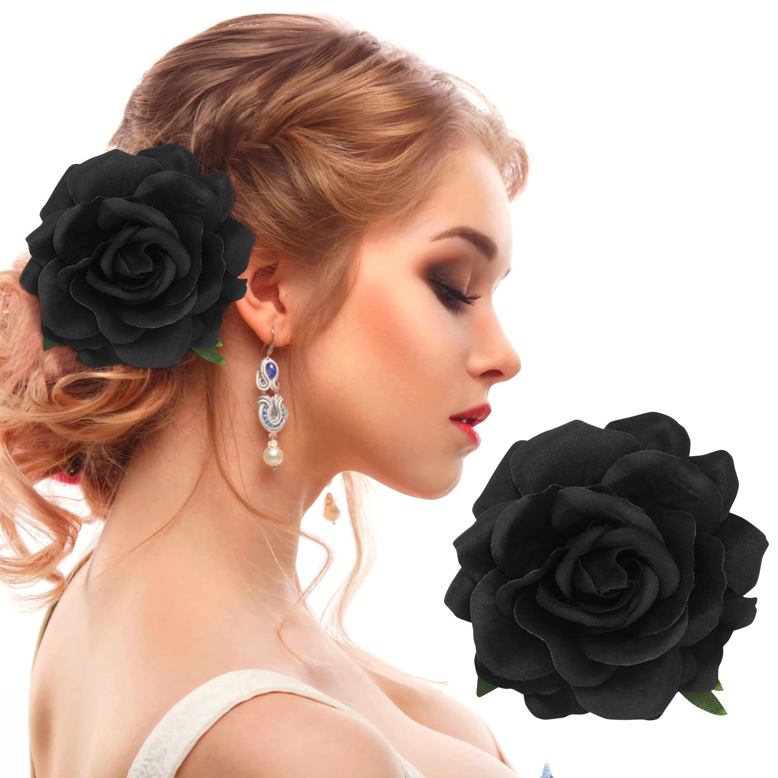 Black Rose Flower Hair Clip, Red Rose Hairpin, Brooch, Bridal, Wedding, Women
