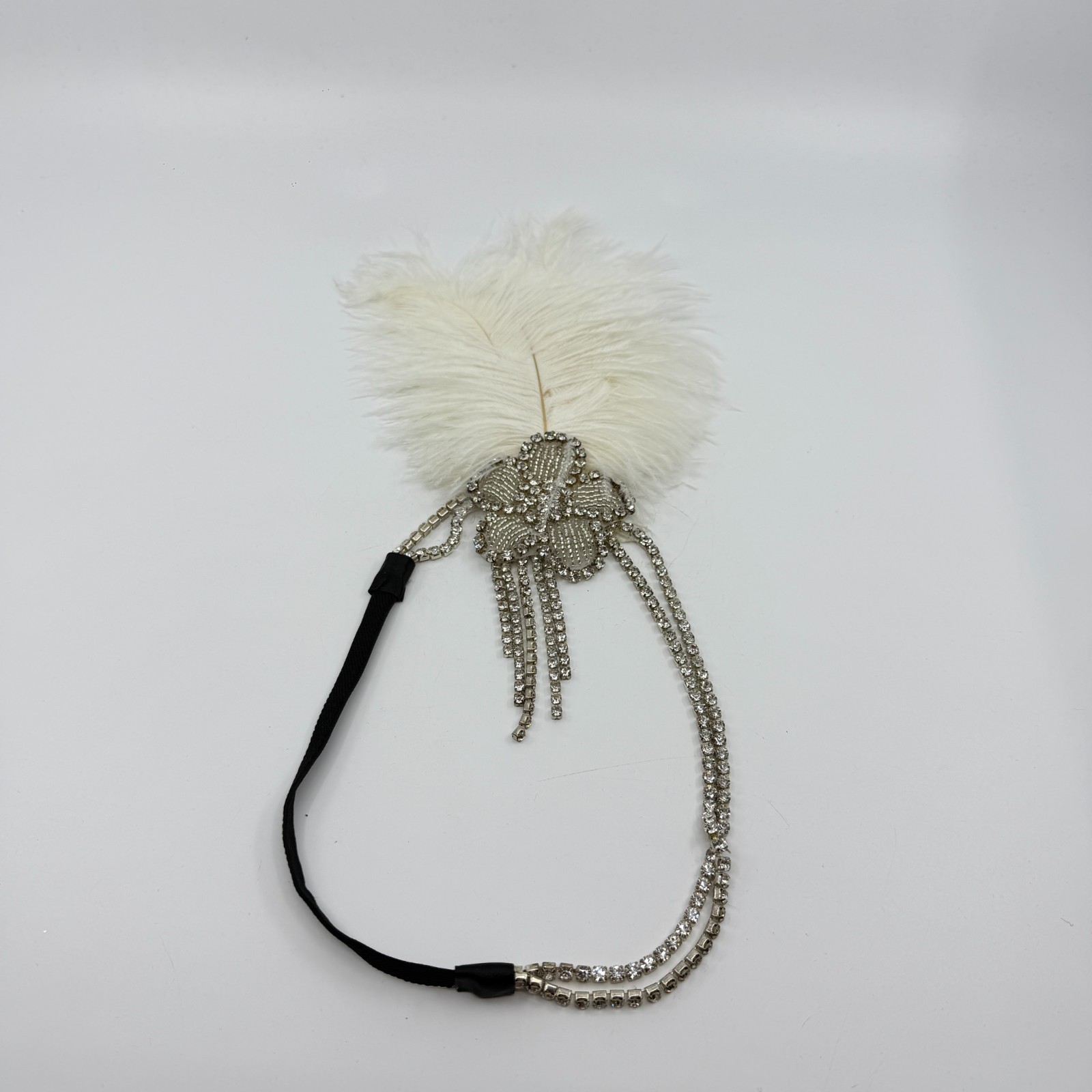 Glamorous 1920s Flapper Headband White Feather Crystal Rhinestone Gatsby Style