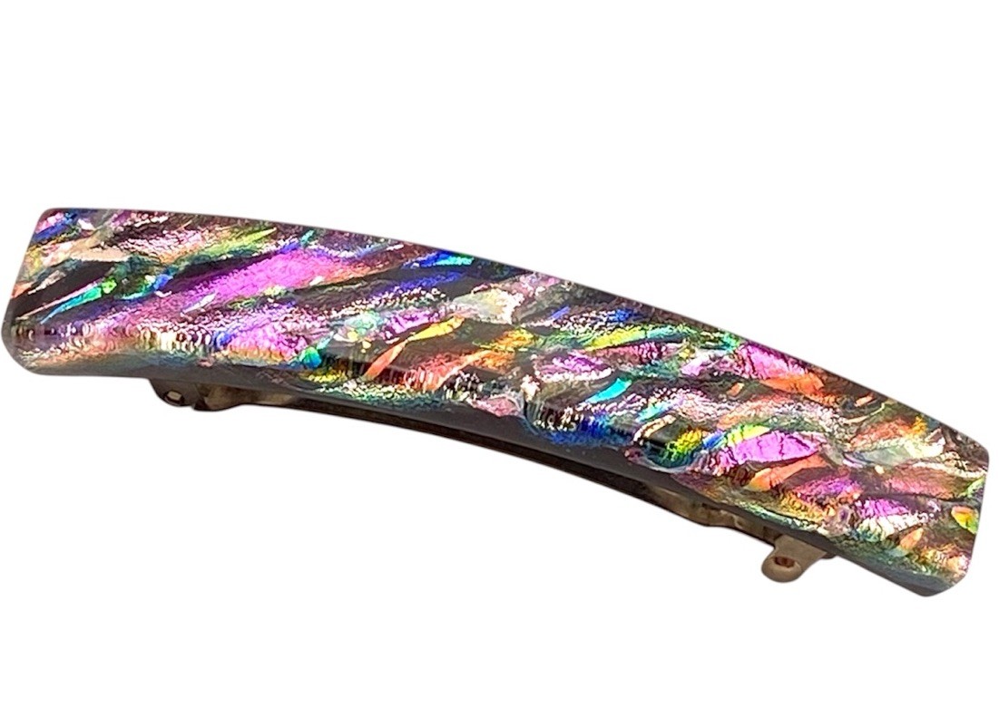 Vintage French Dichroic Art Glass Hair Barrette Iridescent Mosaic Made France
