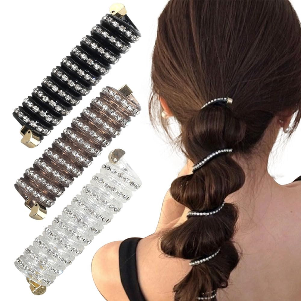 3pcs Glitter Rhinestone Spiral Hair Ties No Damage Bubble Braid Ponytail Holders