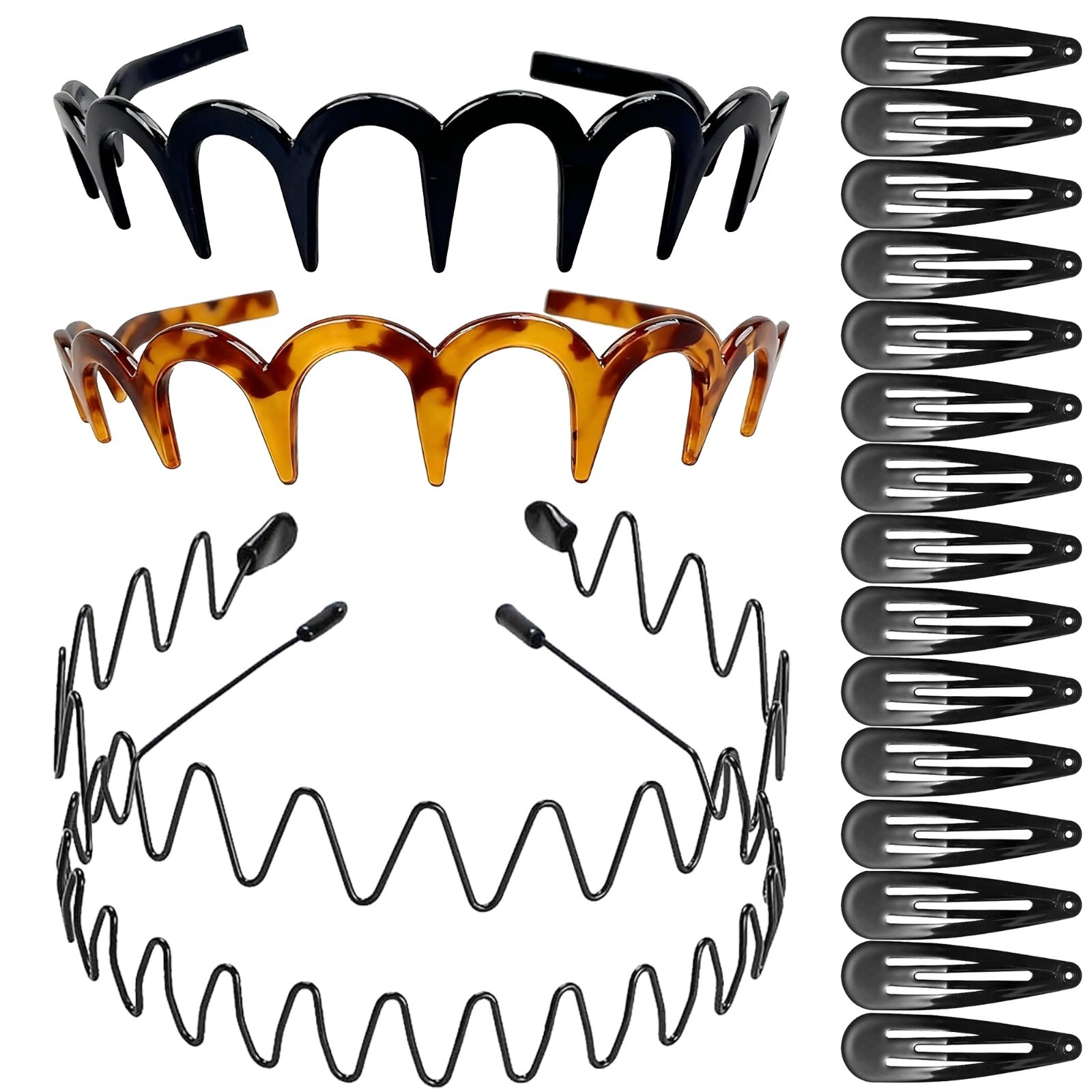19PCS Hair Accessories Set, Zig Zag Wavy Headbands Plastic Metal, Hair Clips