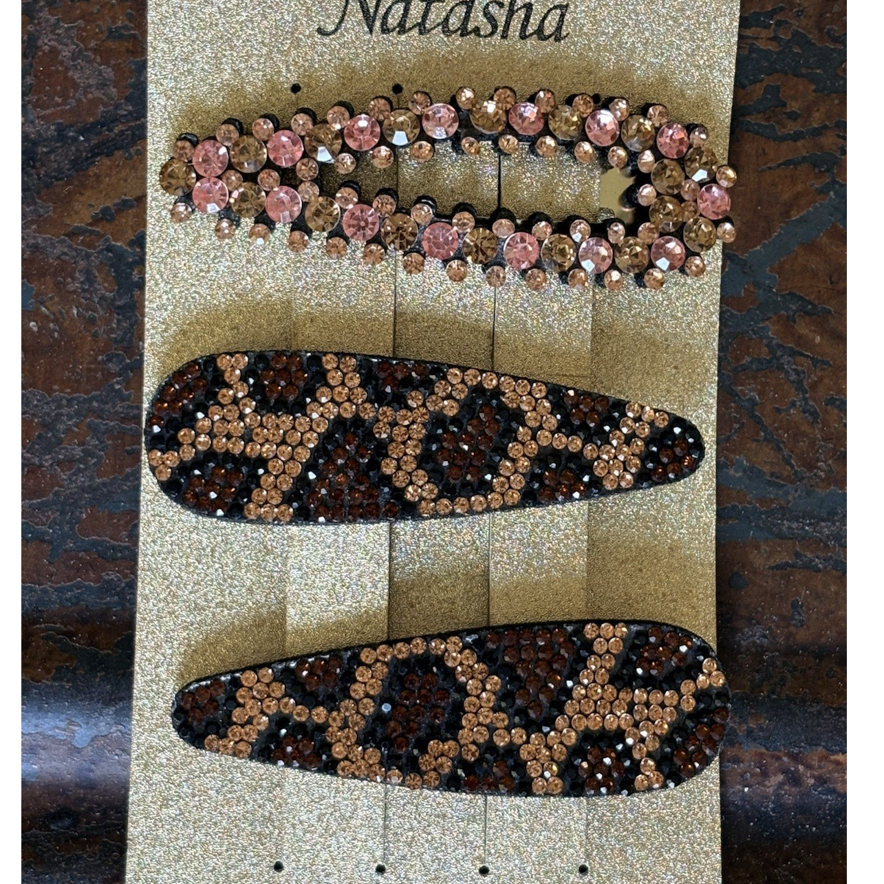 Natasha Rhinestone Animal Print Hair Clips Set, Brown Black Pink, Lead Compliant