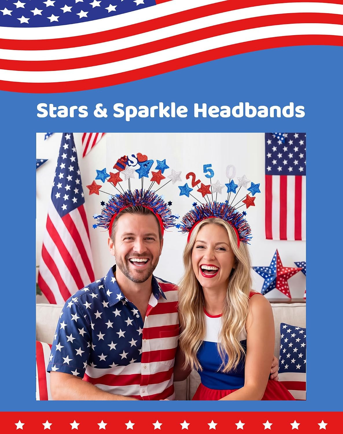 4Th of July Headband, Patriotic USA Hair Accessories Red White Blue Star Tinsel