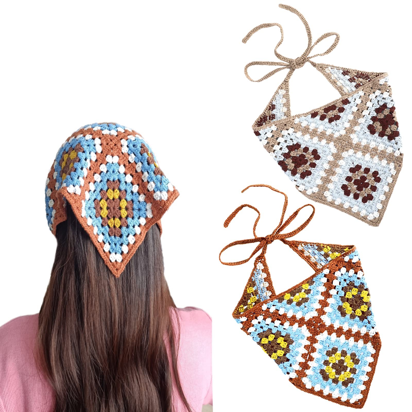 2 Pcs Crochet Hair Bandana Floral Scarf Boho Head Kerchief Coffee/Blue