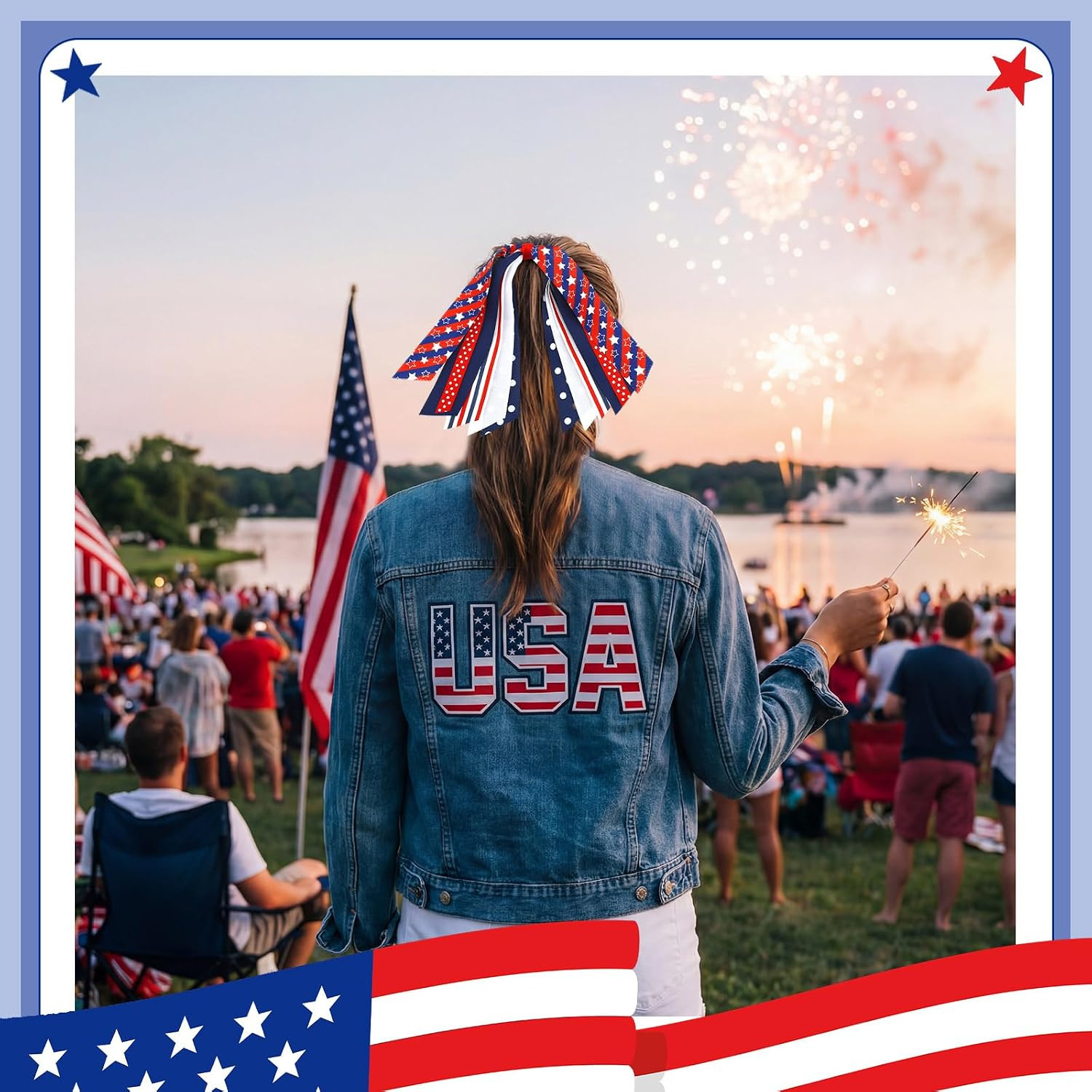 8 Pcs Patriotic Fourth of July Hair Accessories Red White and Blue USA Ponytail