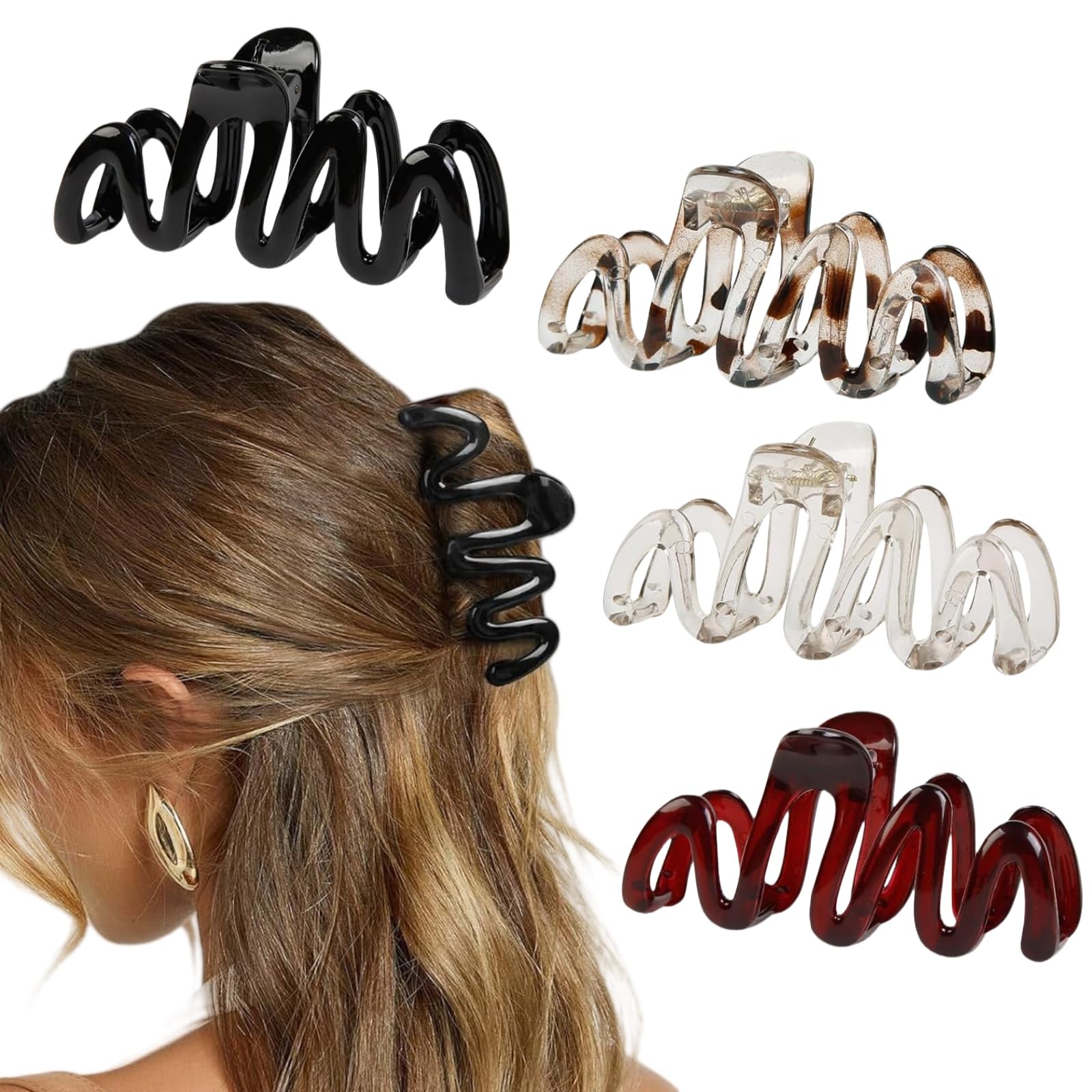 hhfvvda 4 PCS Wavy Hair Claw, Elegent 1 Count (Pack of 4), Brown, Black, Red