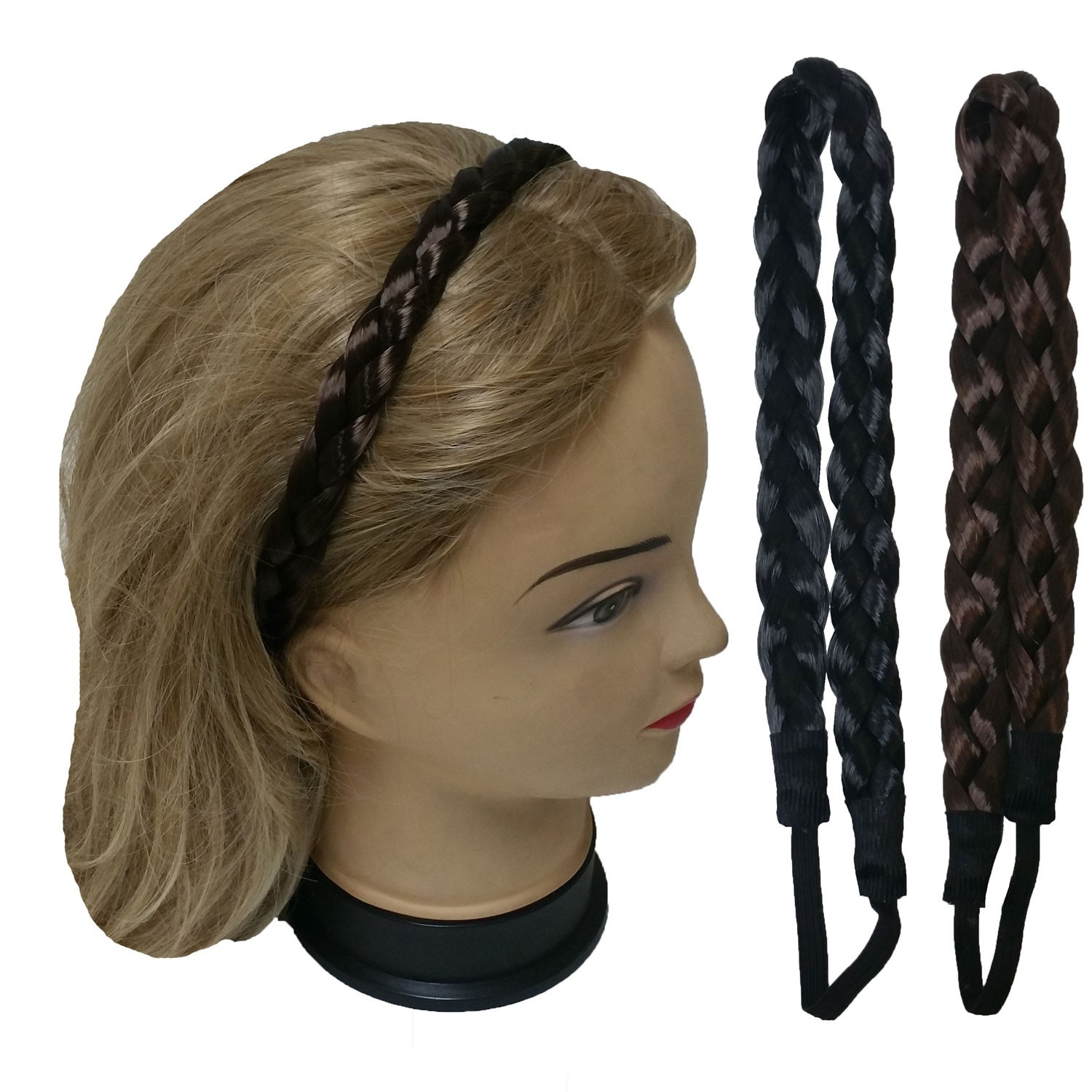 Synthetic Hair Band Plaited Headband Braided with Elastic 3/4″~1″ Wide