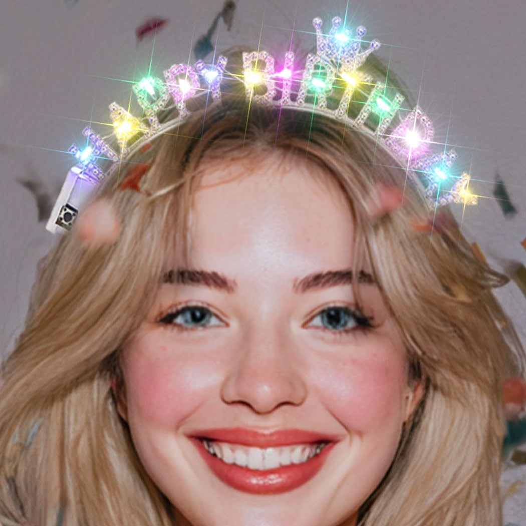 Light Up Headbands Rhinestone Halo Crown Silver Happy Hairbands Party Brithda…