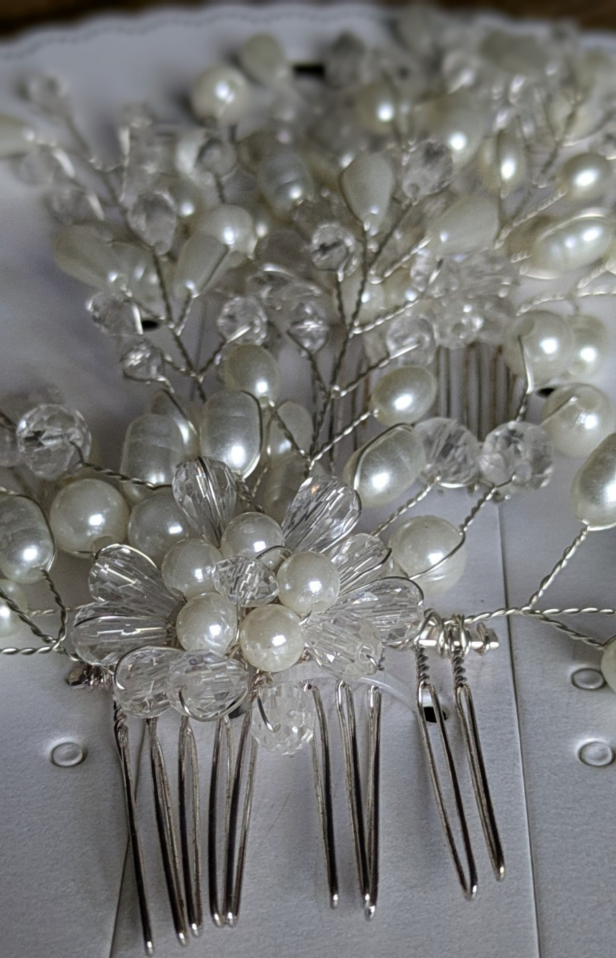 2 Pearl & Crystal Bridal Comb White Flower Special Occasion Hair Comb