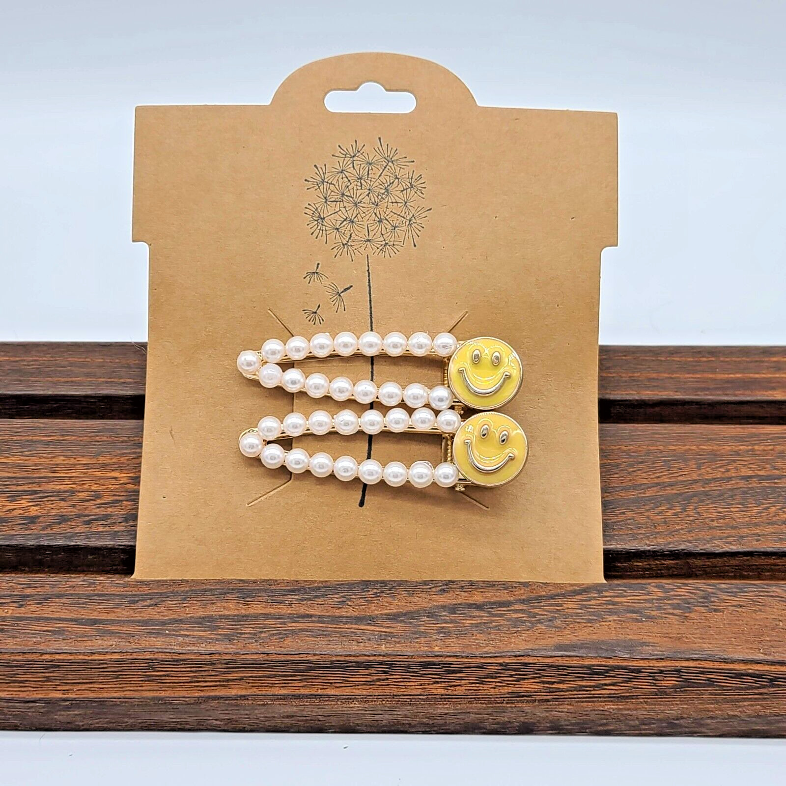 Gold Hairclip Set, White Pearls & Yellow Enamel Smiley Faces