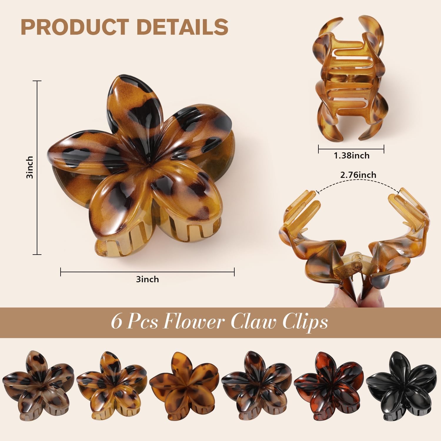 6 PCS Flower Hair Clips for Women, 1 Count (Pack of 6), Tortoise Shell