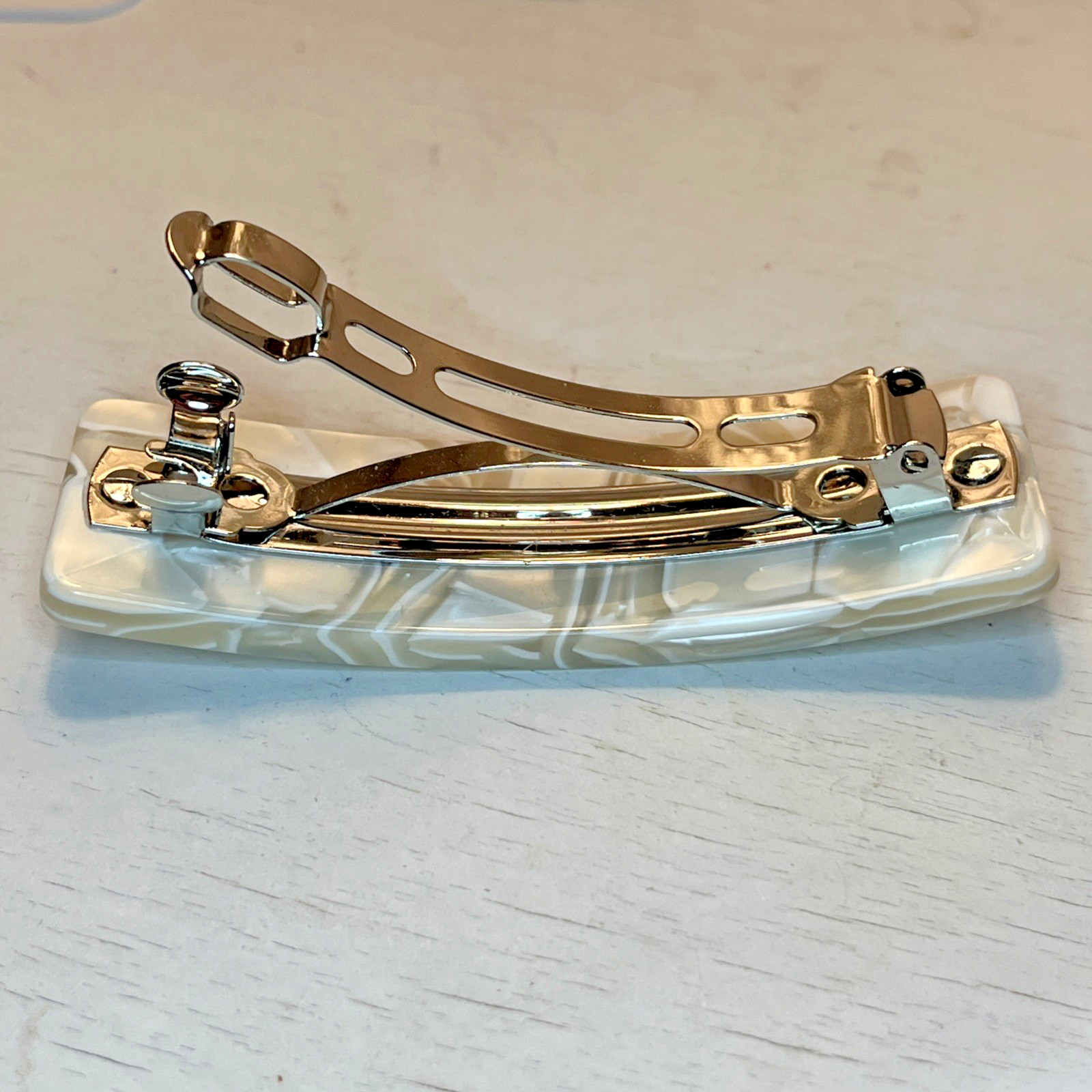 Lululemon Light Ivory White Marbled Hair Barrette Clip Pearlescent Acetate Logo