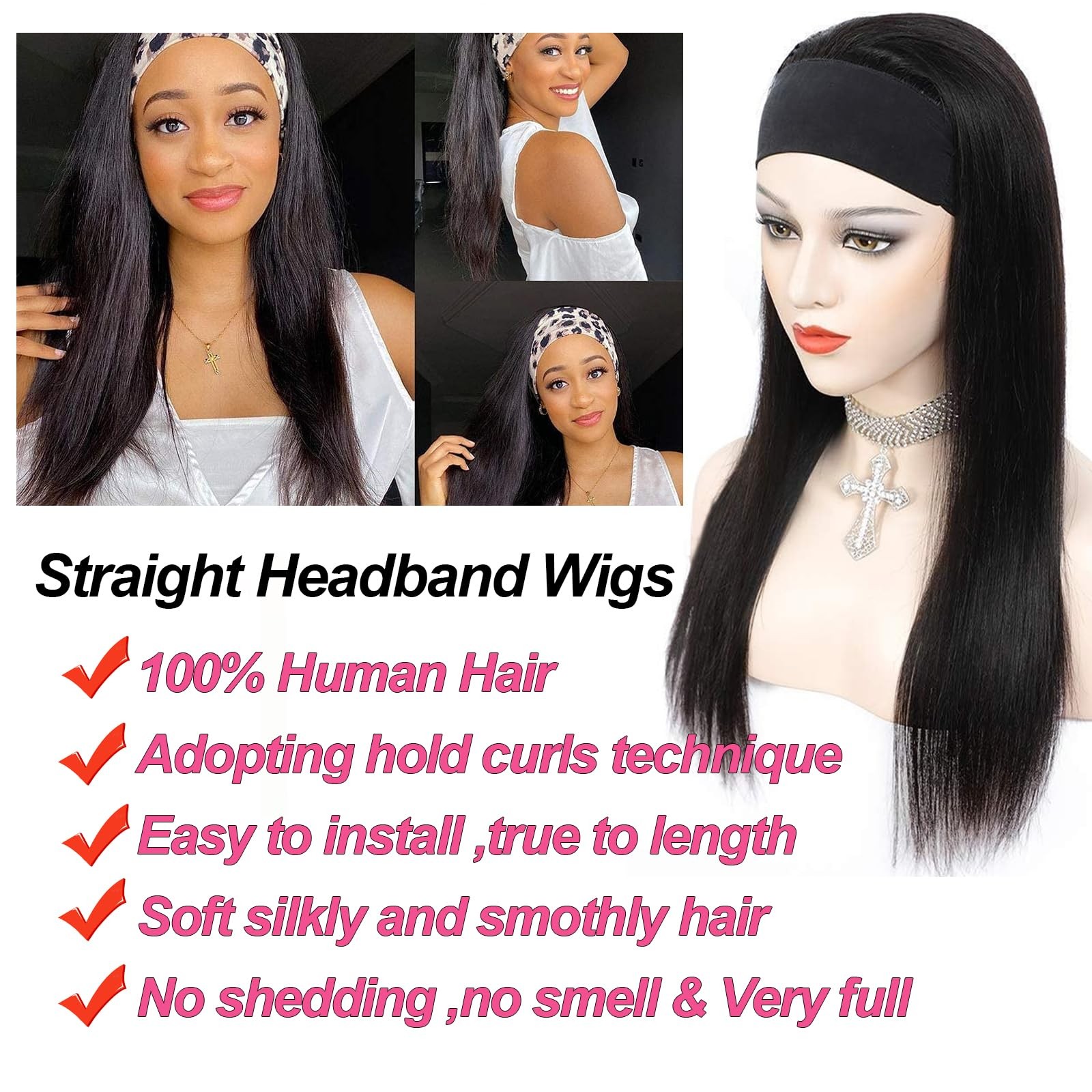 olimaruly Straight Headband Wig Human Hair 16 Inch Natural Black None Front Lace