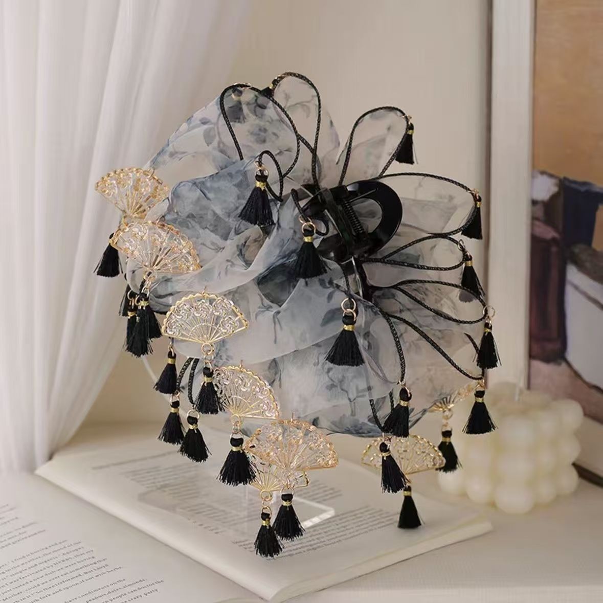 Chinese folding fan with Chinese headband tassel hanging effect hair accessory