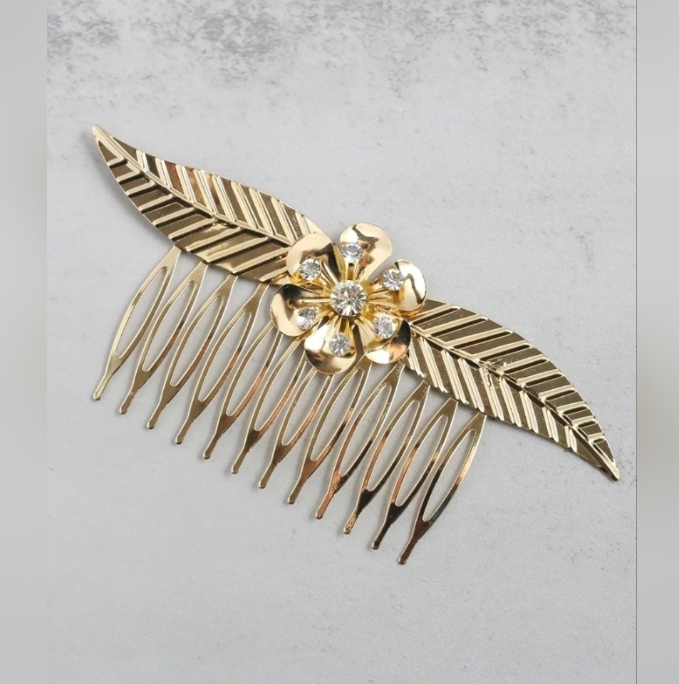 Elegant Gold Hair Comb with Rhinestone & Floral Design BNIB