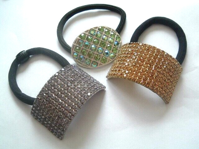 3 Gold Green White Rhinestone Pony Tail Elastic Stretch Scrunchies NWT