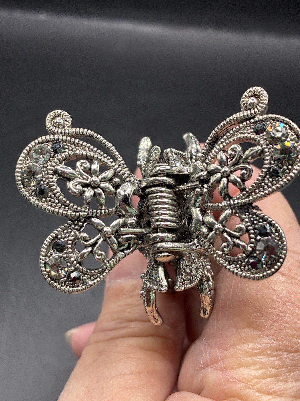 Butterfly Hair with Marcasite Accents Silver Tone Ponytail Holder Medieval Metal