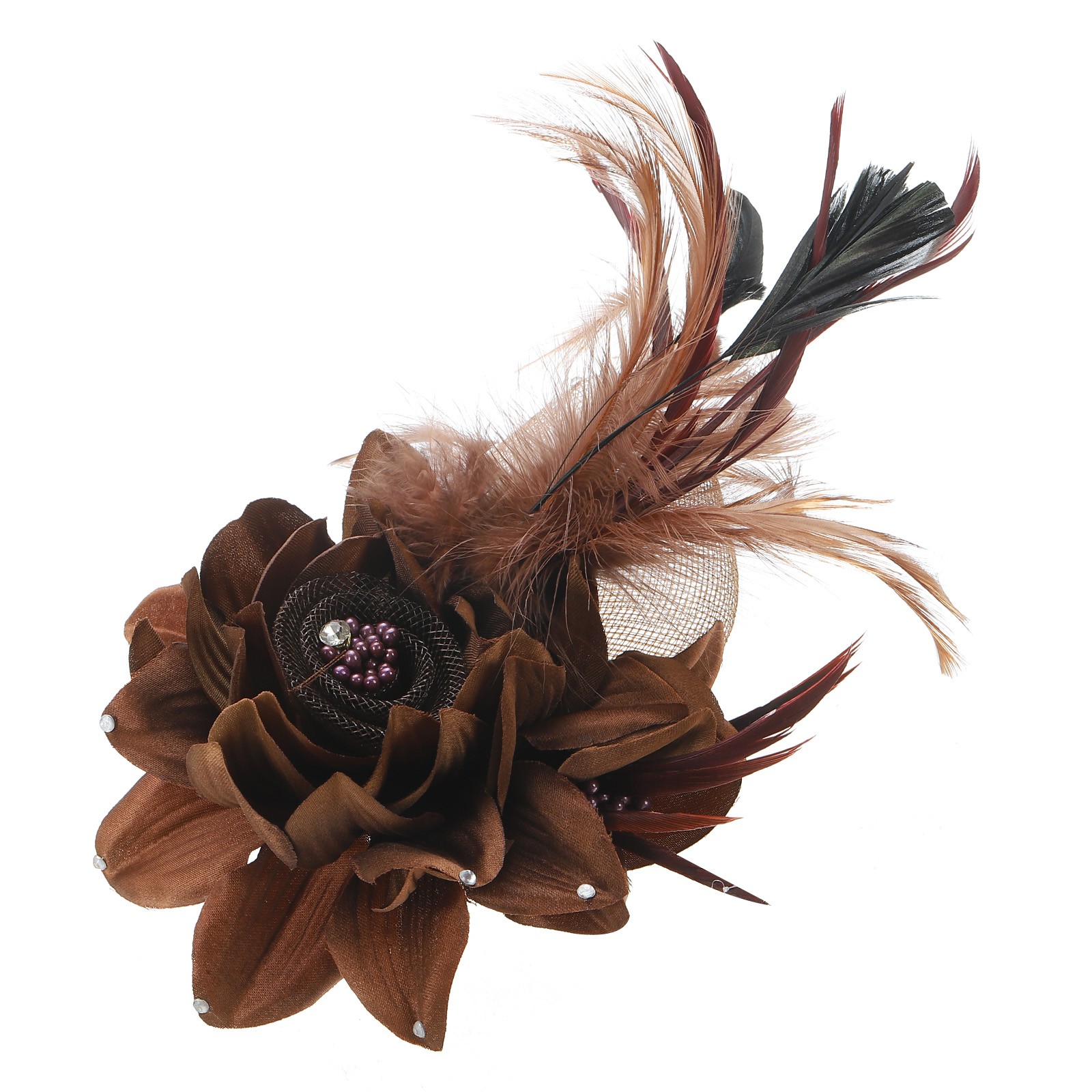 Floral Hair Clip Flower Feather Brooch Brown with Black Feathers