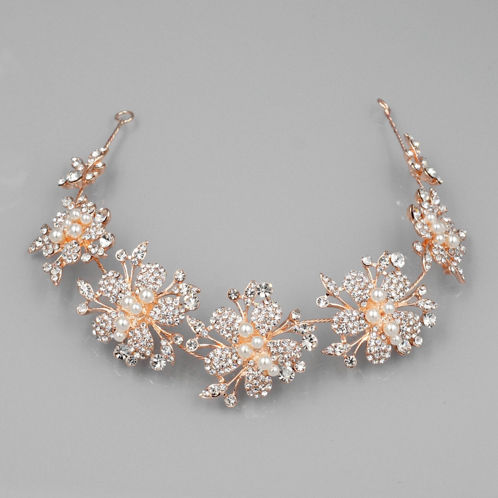 Floral Bridal Wedding Headband Headpieces Tiara Rose Gold Pearl Crystal 05694