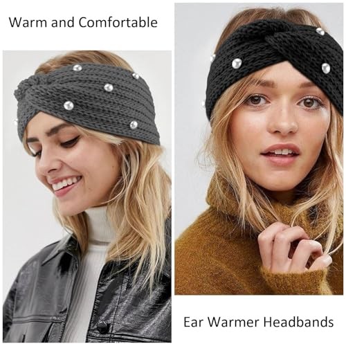 4Pcs Ear Warmers Winter Headbands for Women with Pearls, Knit Winter Headbands