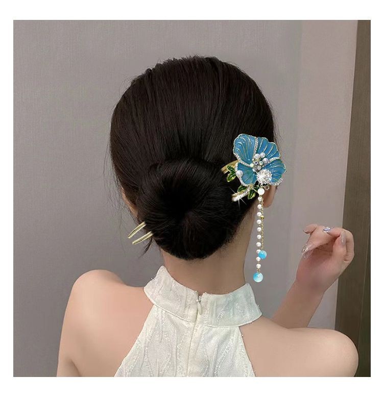 Chinese Style Peony Tassel U-Shaped Hairpin Vintage Qipao Hairpin