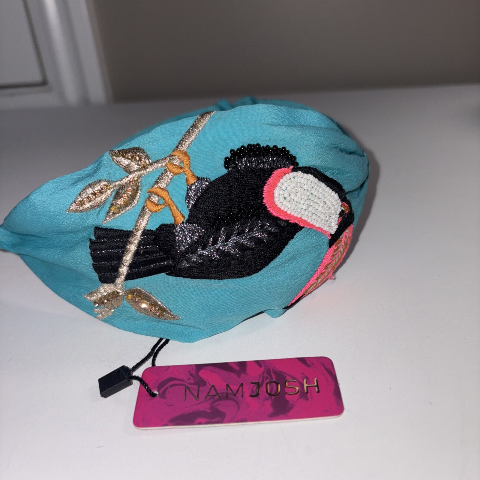 NAMJOSH Embroidered Beaded Headband Toucans Turquoise New