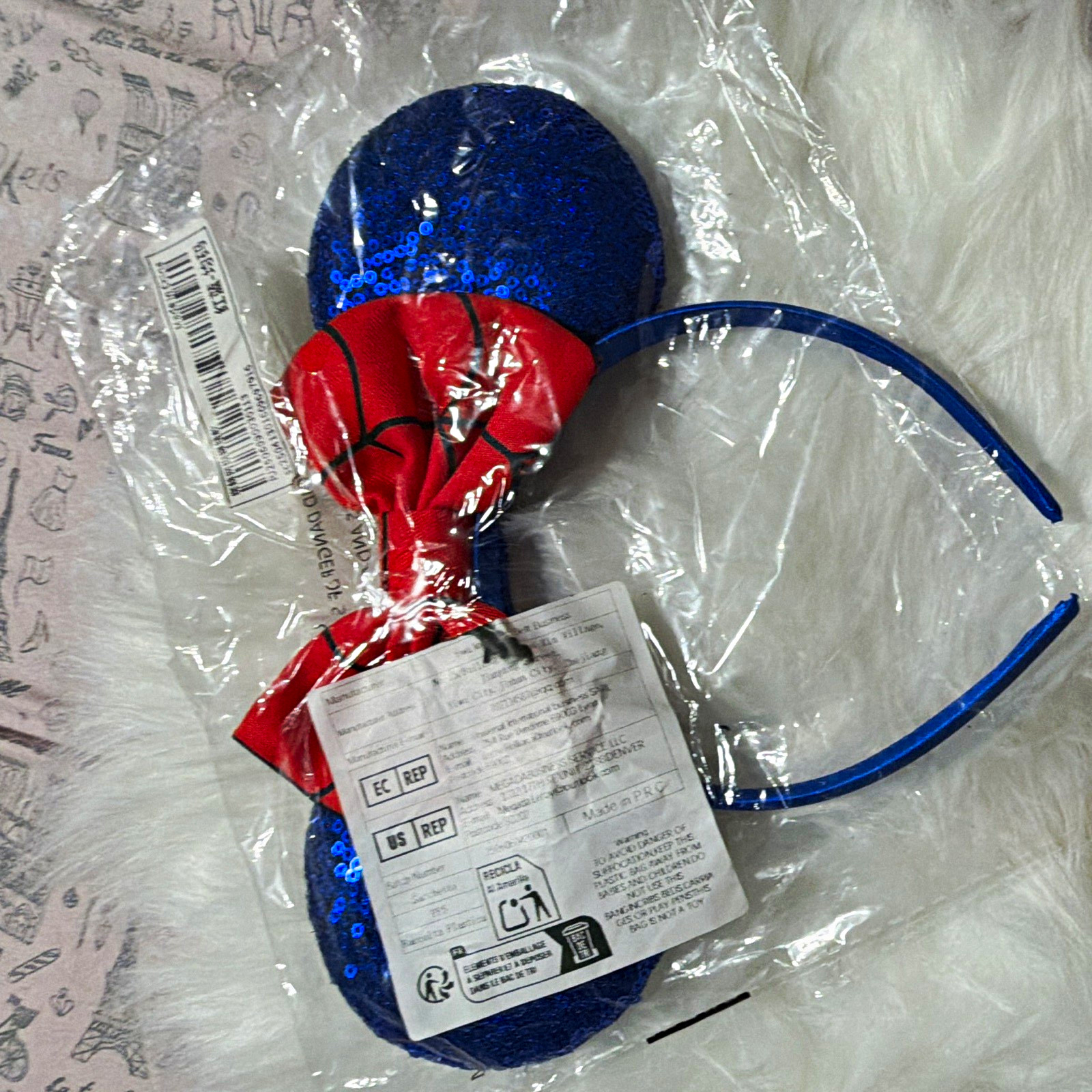 Minnie Mouse Blue Sequin Mouse Ears Headband with Red Bow, Solid Pattern