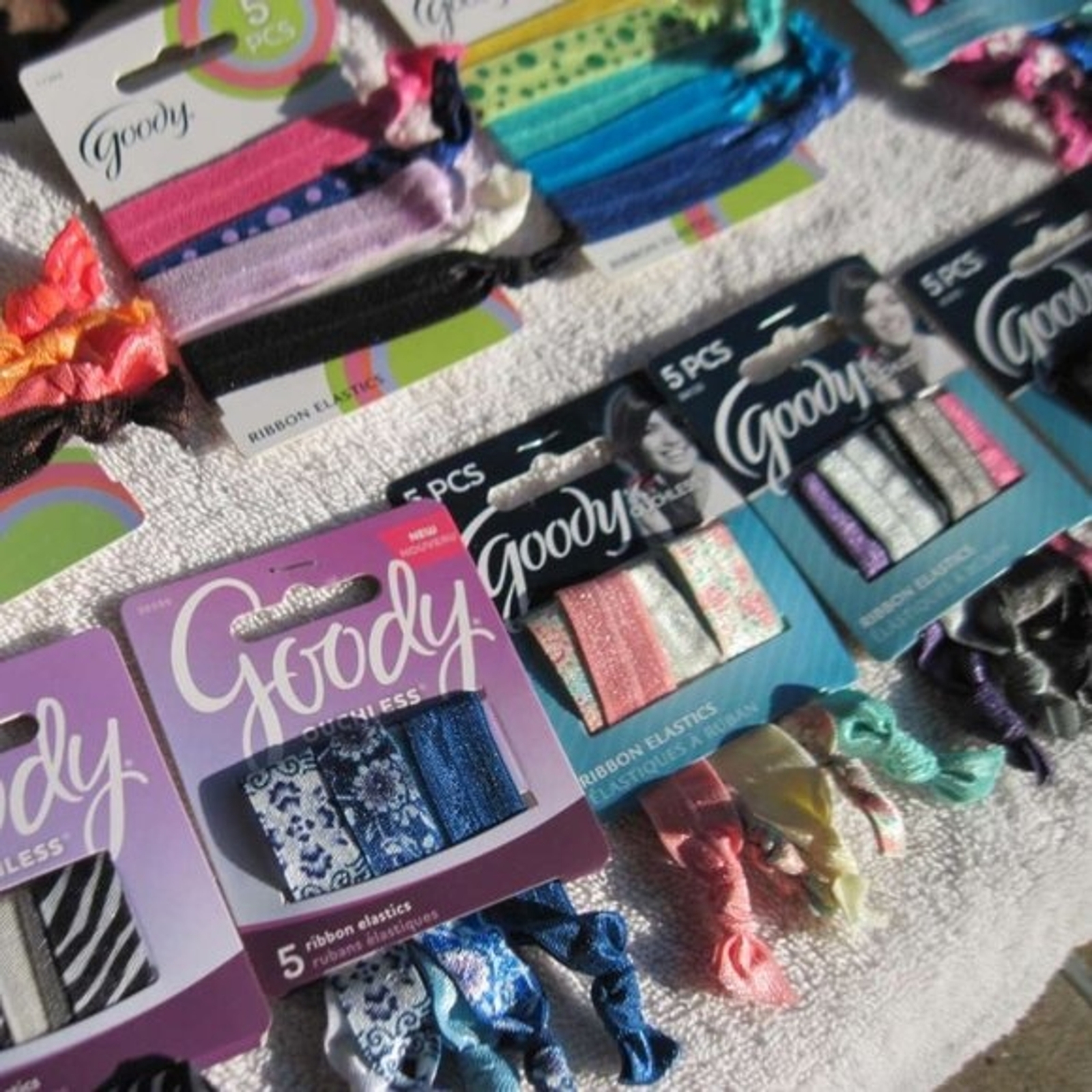 5 Goody Ribbon Elastics Ponytailer Hair Bands No Metal Green Blue Pink Chevron