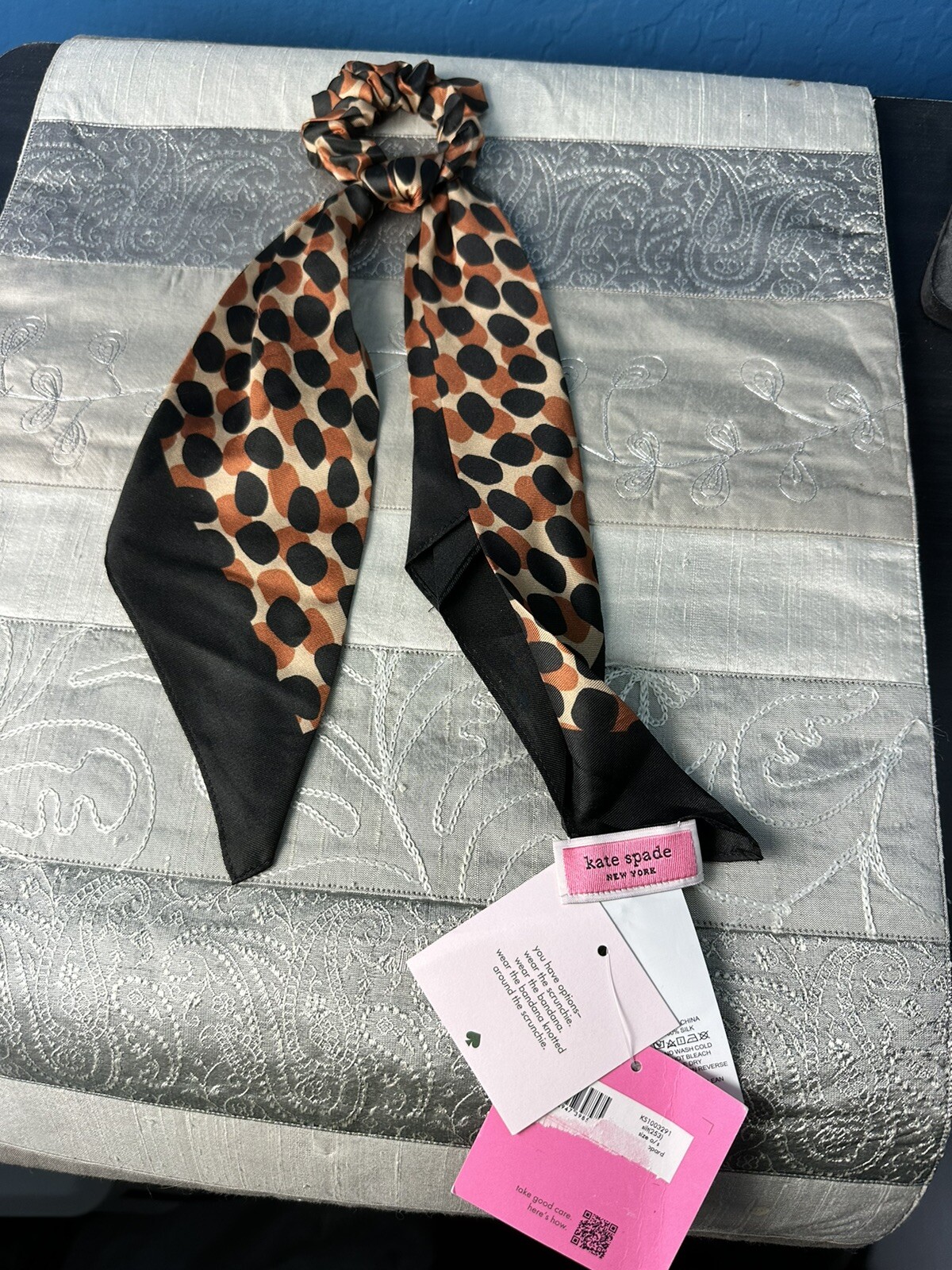 NWT Kate Spade Brown Black Leopard print Silk Hair Scrunchie Ponytail Scarf