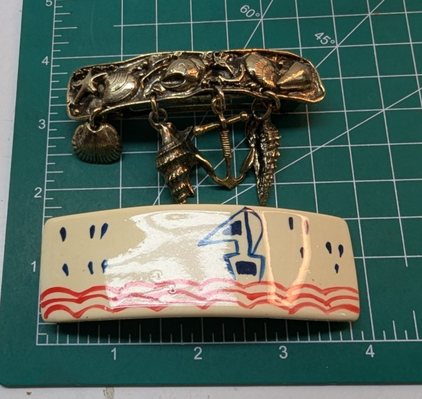 LOT OF 2 Coastal Sea Themed Hair Pins Barrettes Seashell Brass and Plastic