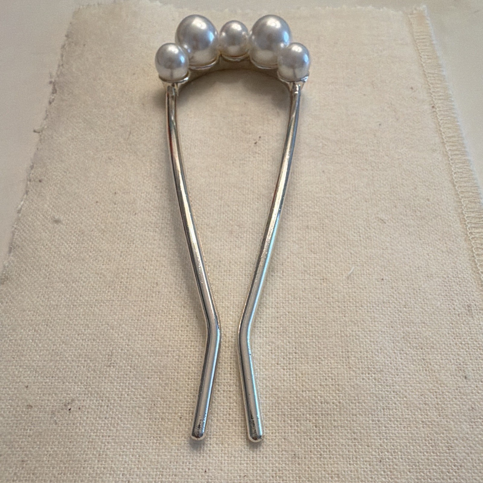 Silver Tone Faux Pearl U-Shaped Hair Pin Fork Decorative Solid Round Beads