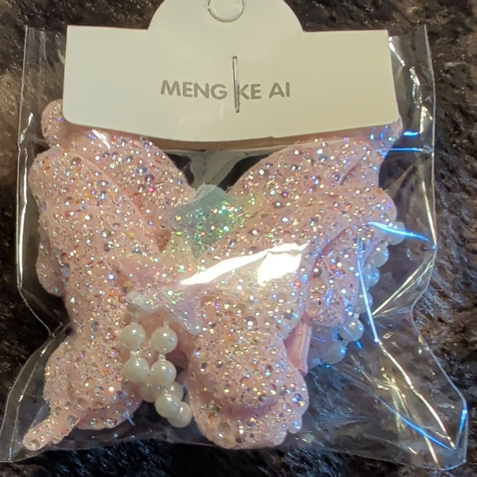 MENG KE AI Pink Butterfly Hair Clip Fabric Rhinestone Beaded Accents Solid