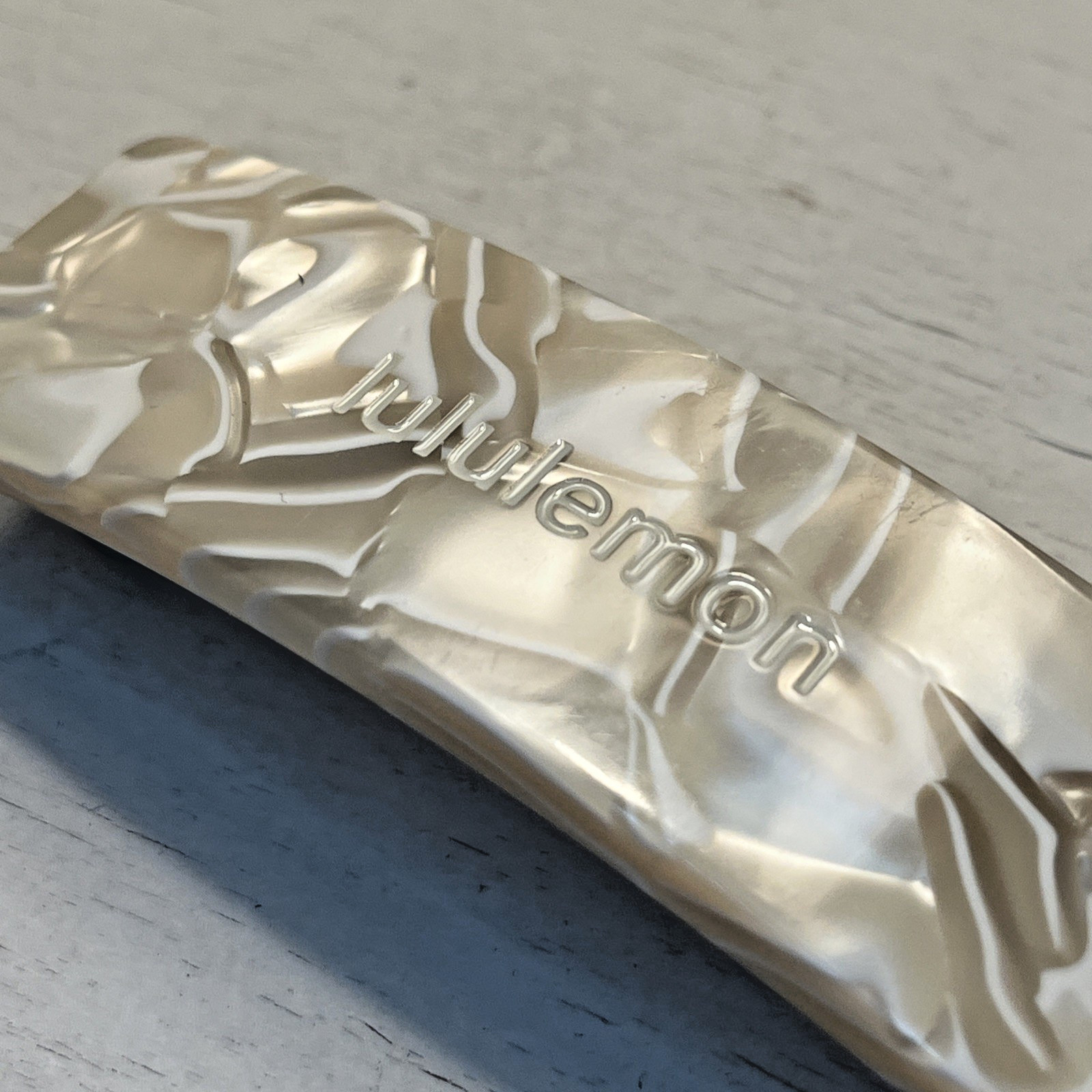 Lululemon Light Ivory White Marbled Hair Barrette Clip Pearlescent Acetate Logo