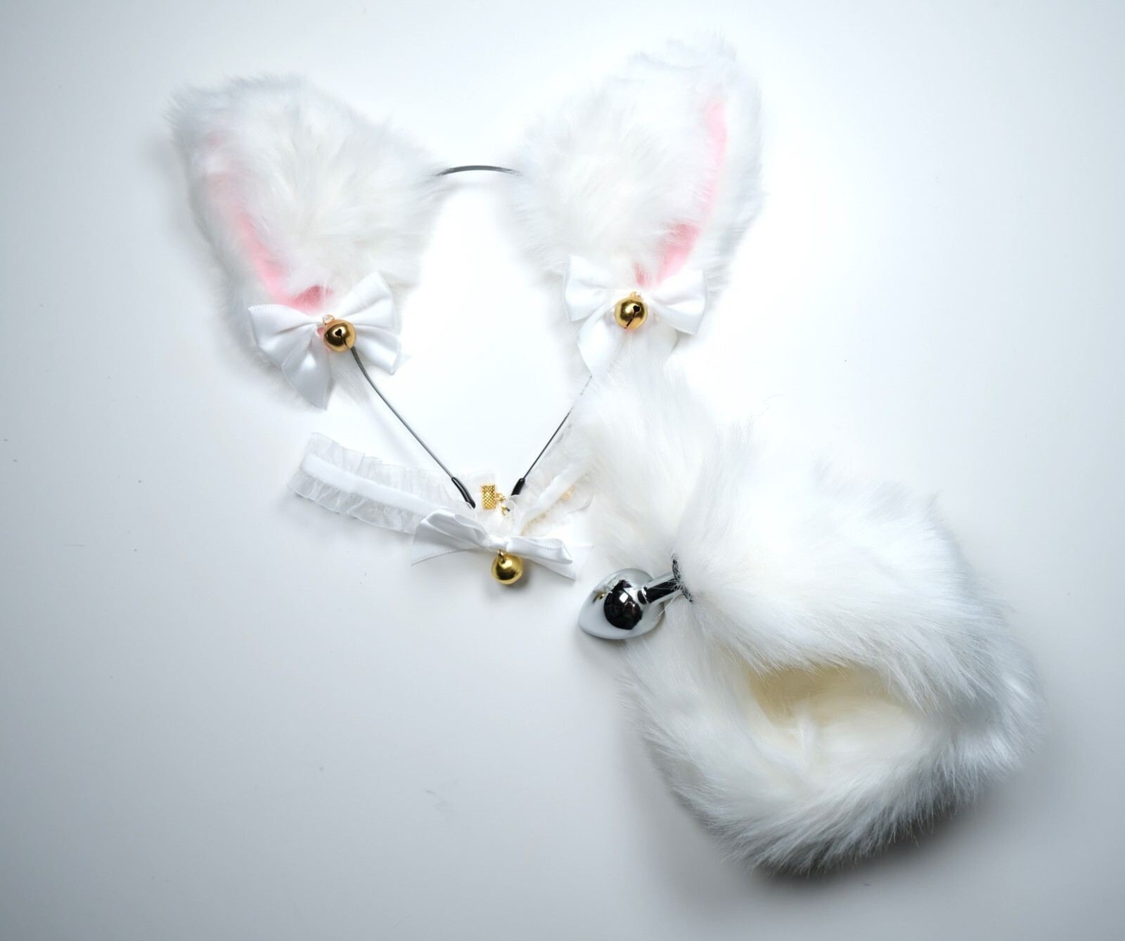 Black Pink White Cute Ear With Bell Bows Cat Ears BDSM Pet Play Set Cosplay