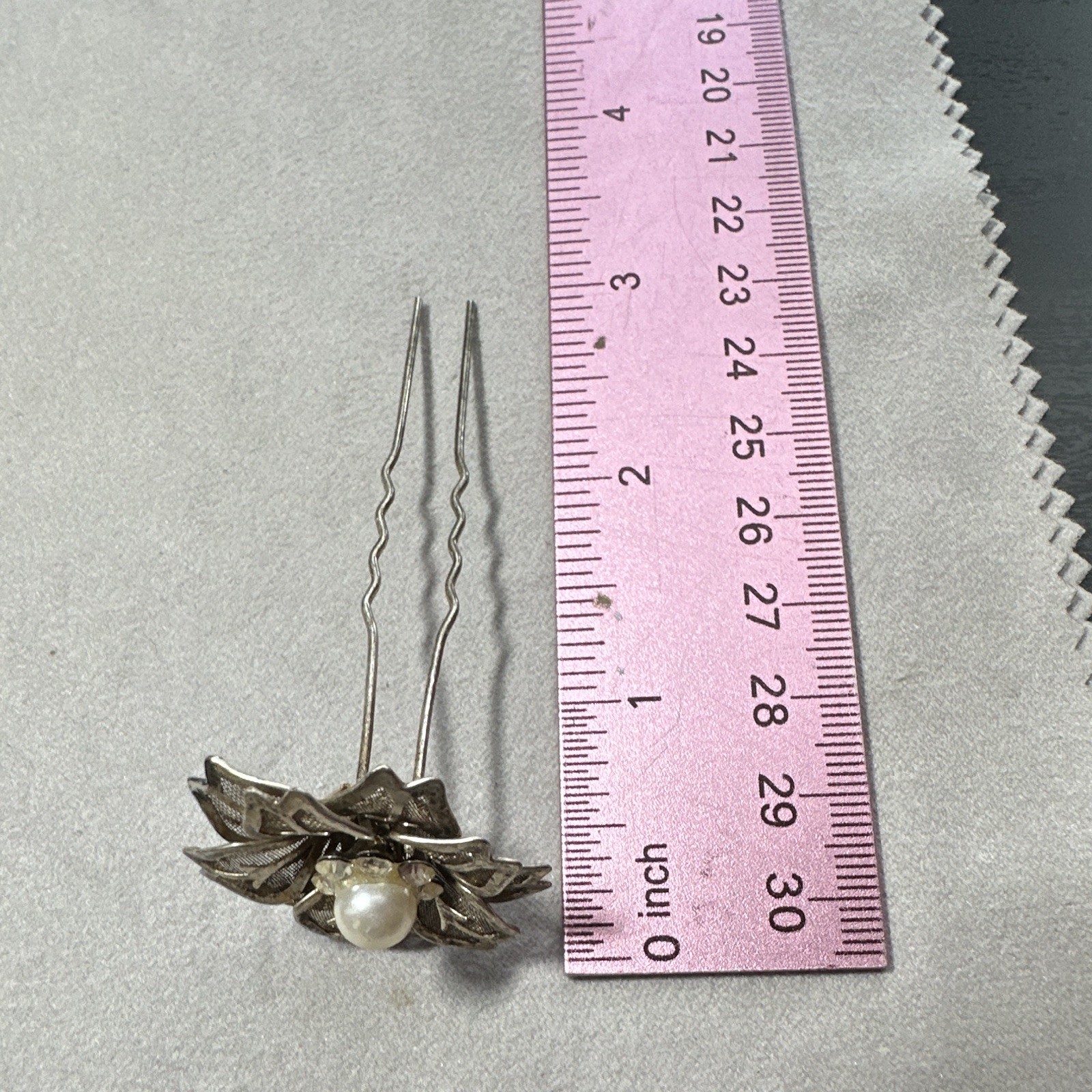 Silver Tone Metal Flower Hair Pin/Fork, Pearl Beaded Accents, Decorative