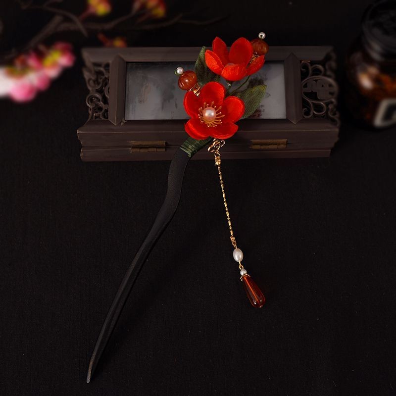 Plum Blossom Wooden Hair Stick Tassel Hairpin Hanfu Qipao Vintage Accessory