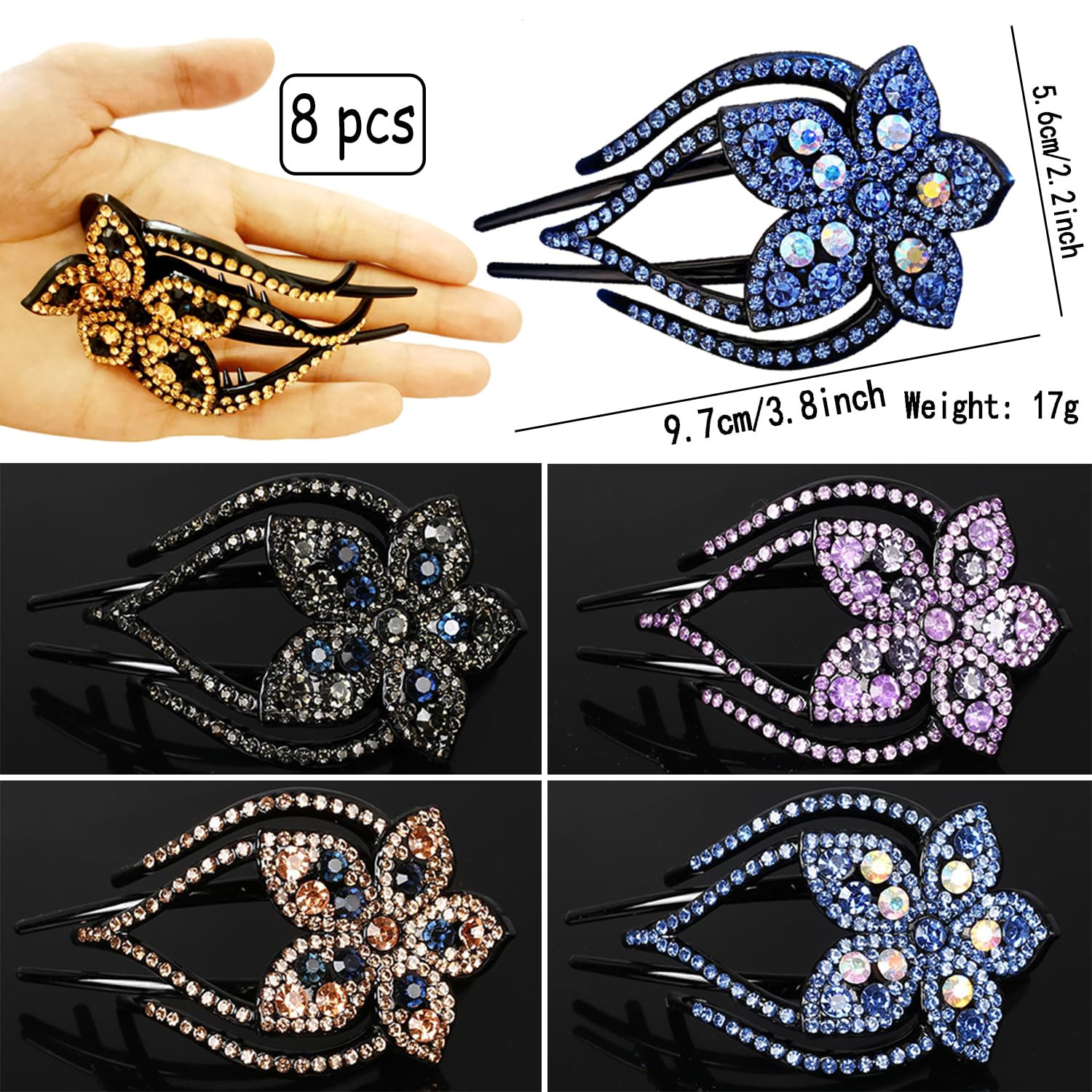 Sparkling Rhinestone Duckbill Ponytail Hair Clips: 8 Double Flower Crystal B