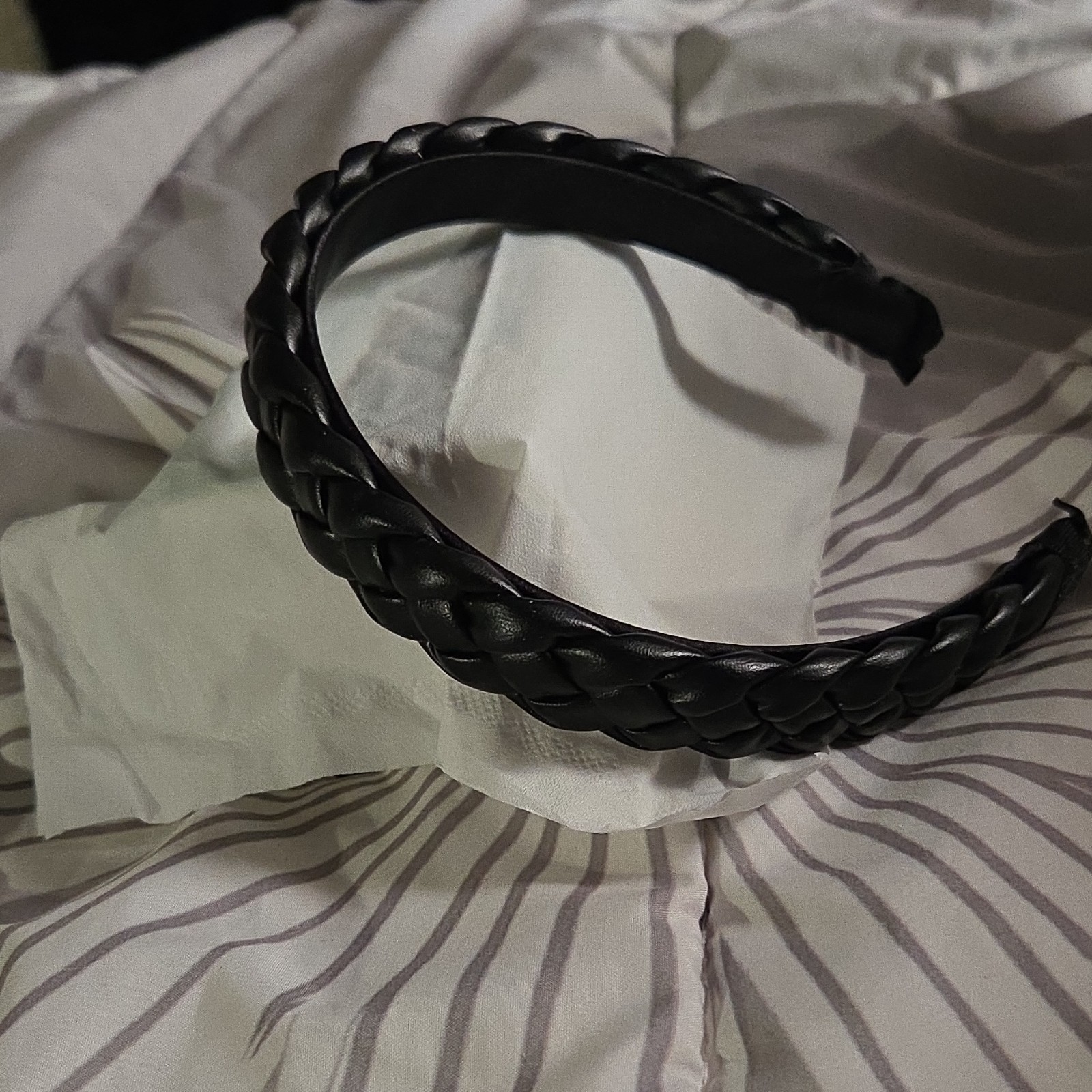 Pink Pearl Accent & Black Braided Women’s Headbands Set, Fabric Faux Leather