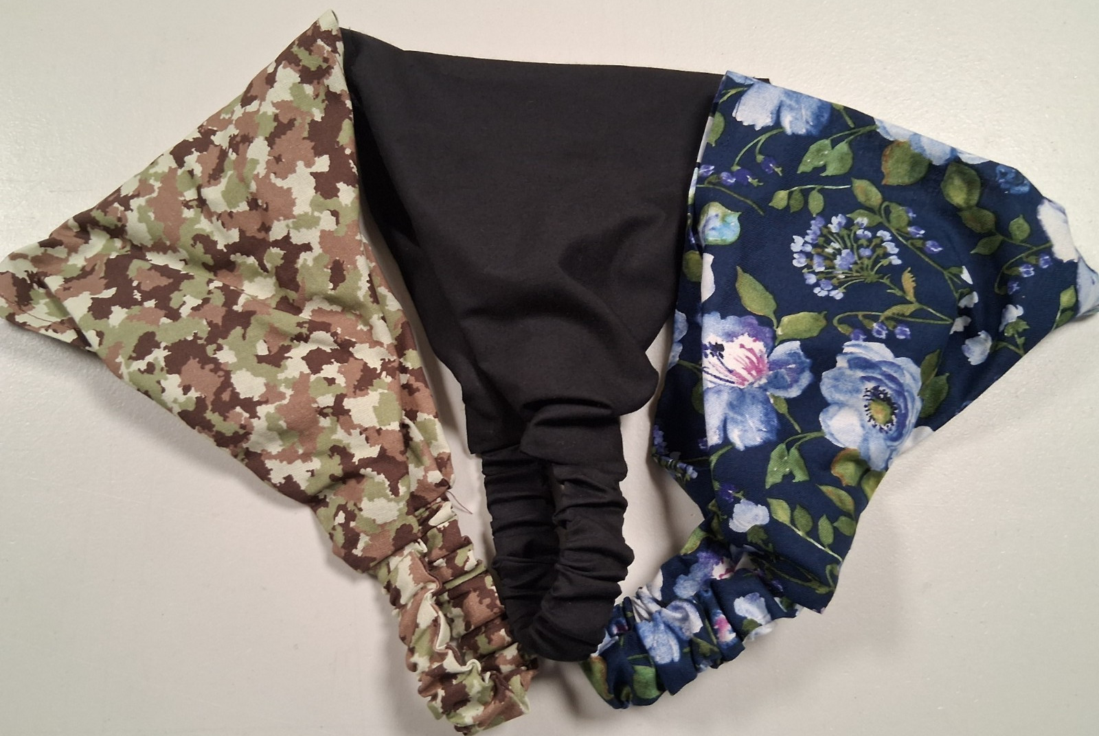 Women’s Boho Wide Headbands, Pkg of 3, Black, Green Camouflage, Blue Floral