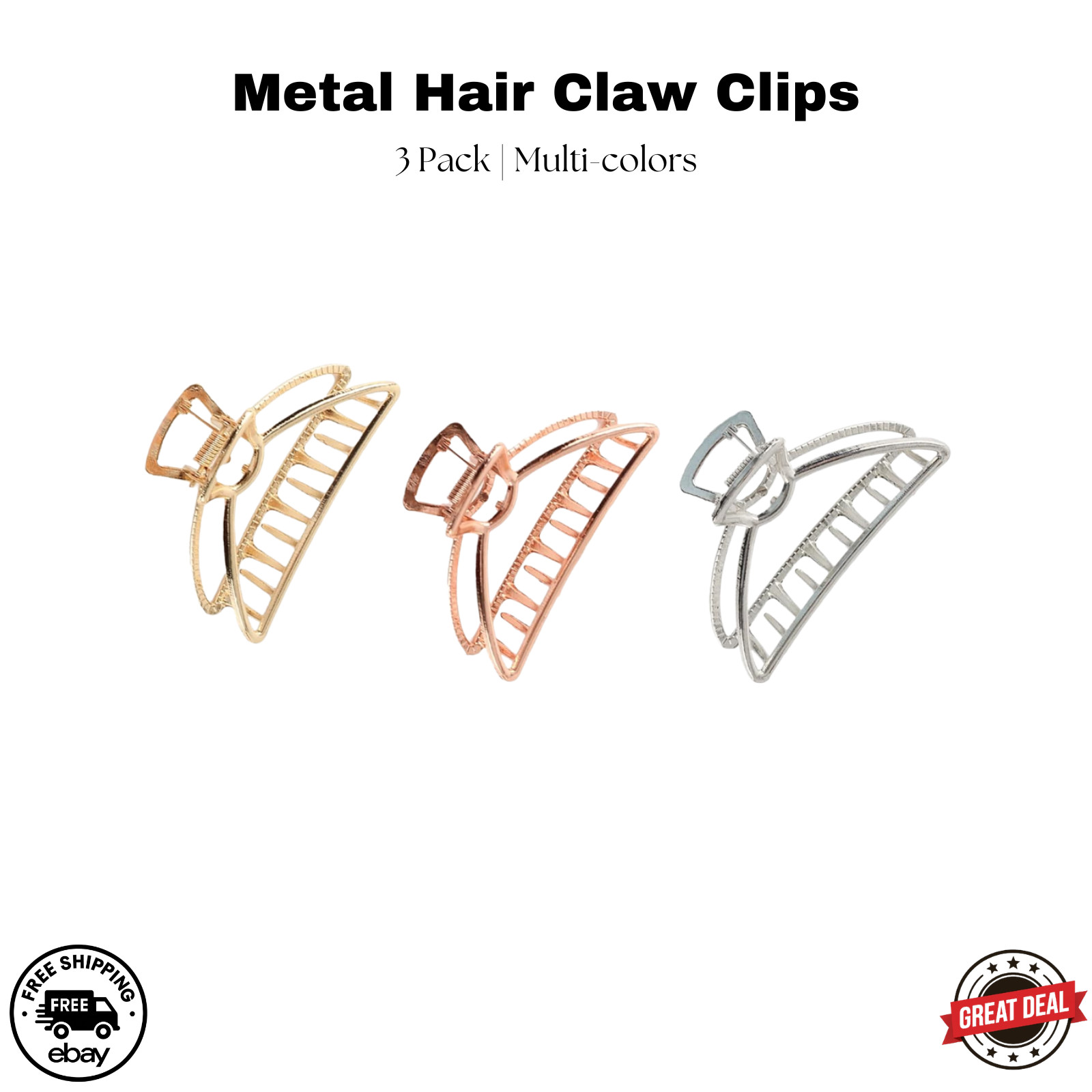 3PC Metal Hair Claw Clips | Gold Silver Rose Gold Medium Thick Hair Clip
